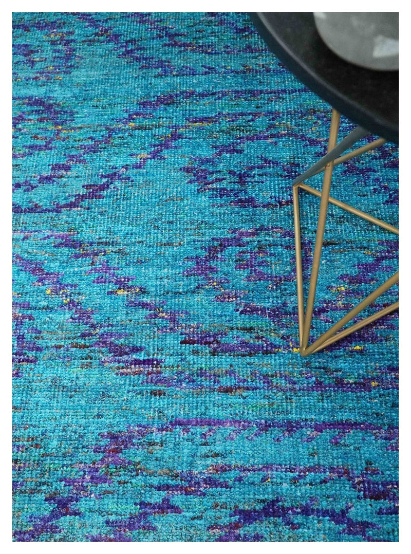 8x10 and 9x12 Hand Knotted Teal Blue and Violet Modern Contemporary Southwestern Tribal Trellis Recycled Silk Area Rug | OP10