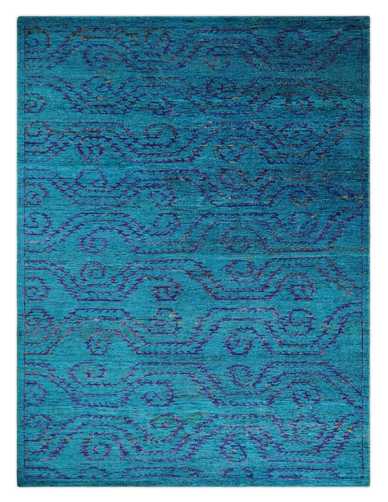 8x10 and 9x12 Hand Knotted Teal Blue and Violet Modern Contemporary Southwestern Tribal Trellis Recycled Silk Area Rug | OP10