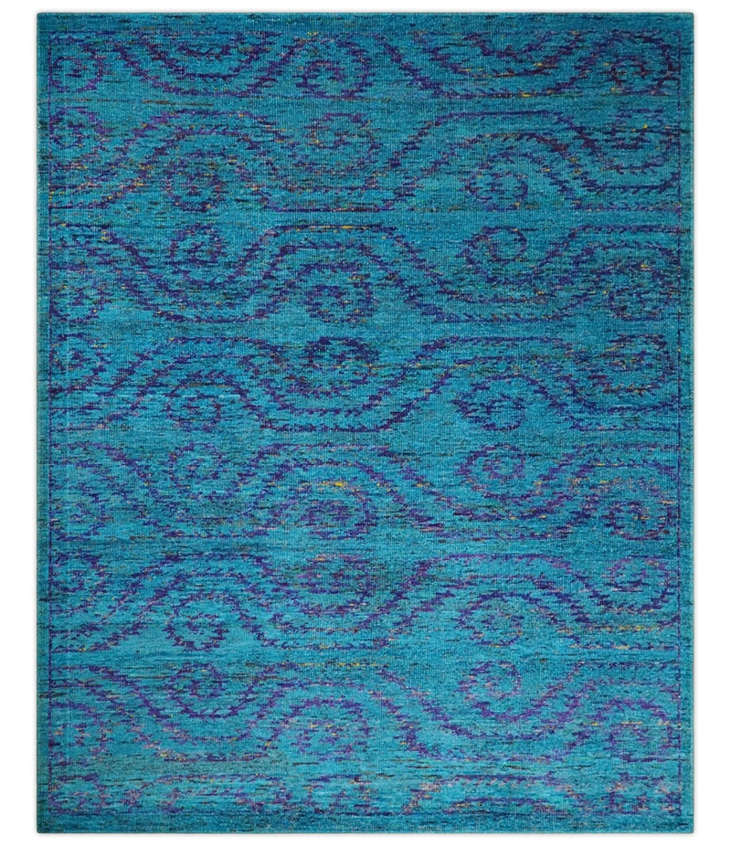 8x10 and 9x12 Hand Knotted Teal Blue and Violet Modern Contemporary Southwestern Tribal Trellis Recycled Silk Area Rug | OP10