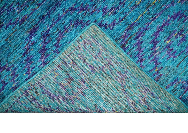 8x10 and 9x12 Hand Knotted Teal Blue and Violet Modern Contemporary Southwestern Tribal Trellis Recycled Silk Area Rug | OP10