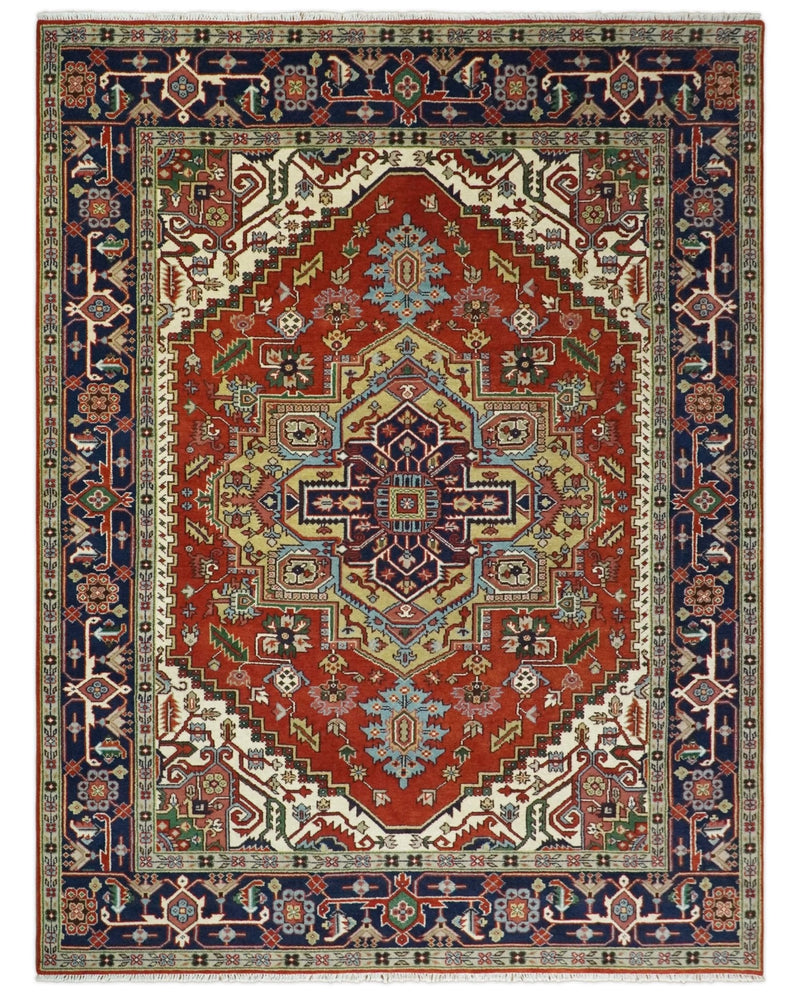 Hand Knotted Brown, Ivory and Blue Traditional Heriz Multi size Hand knotted Wool Area Rug