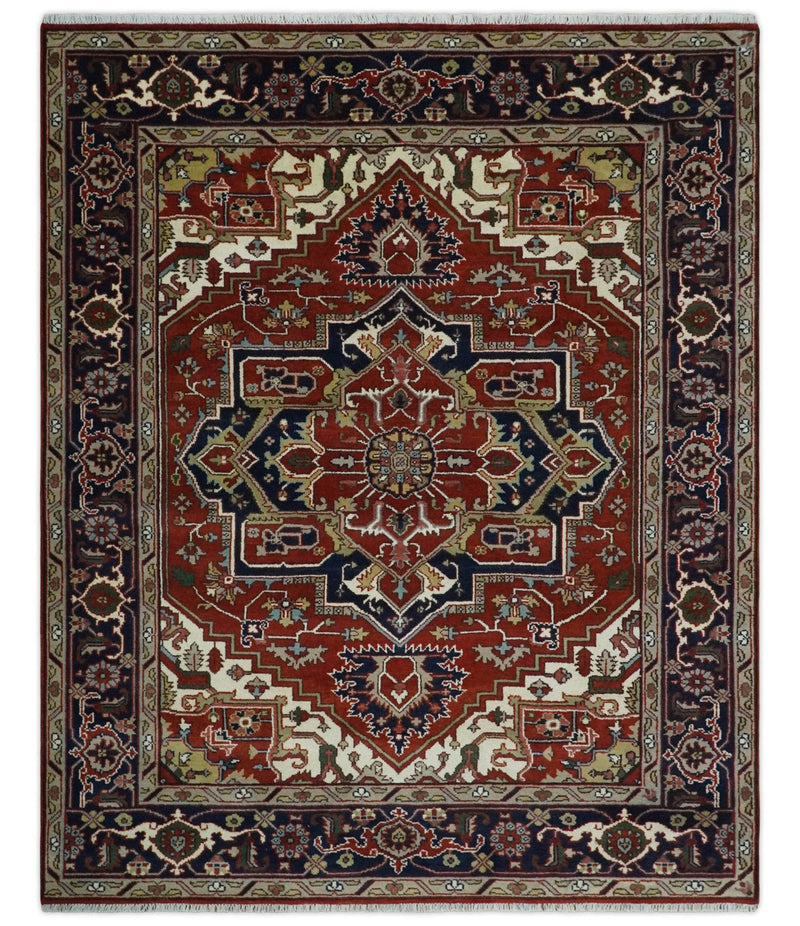 8x10 and 9x12 Traditional Rust, Ivory and Blue Hand knotted wool Area Rug