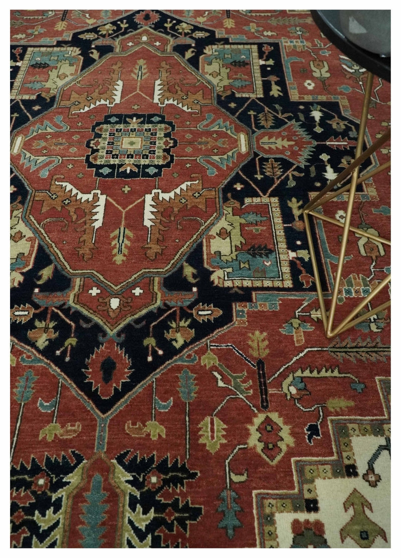 8x10 and 9x12 Wool Hand Knotted Heriz Serapi Black, Rust and Ivory Floral Area Rug | TRDCP1063