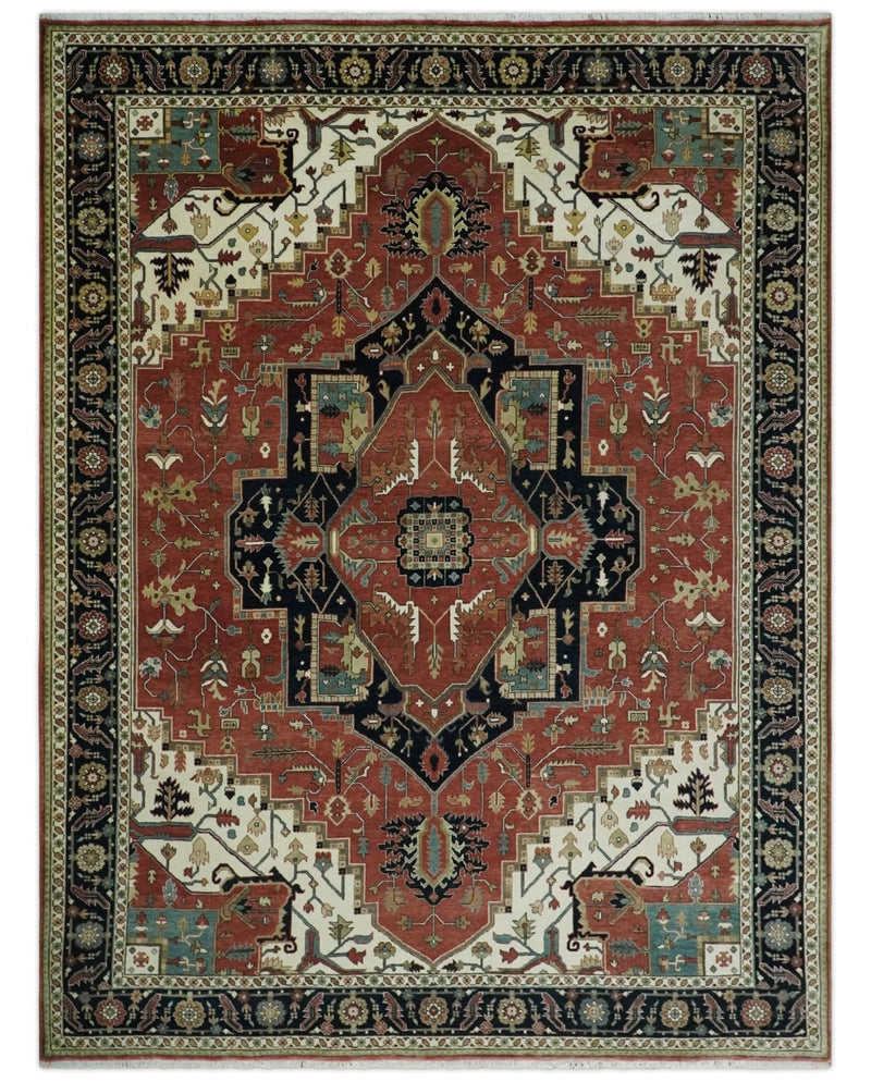 8x10 and 9x12 Wool Hand Knotted Heriz Serapi Black, Rust and Ivory Floral Area Rug | TRDCP1063