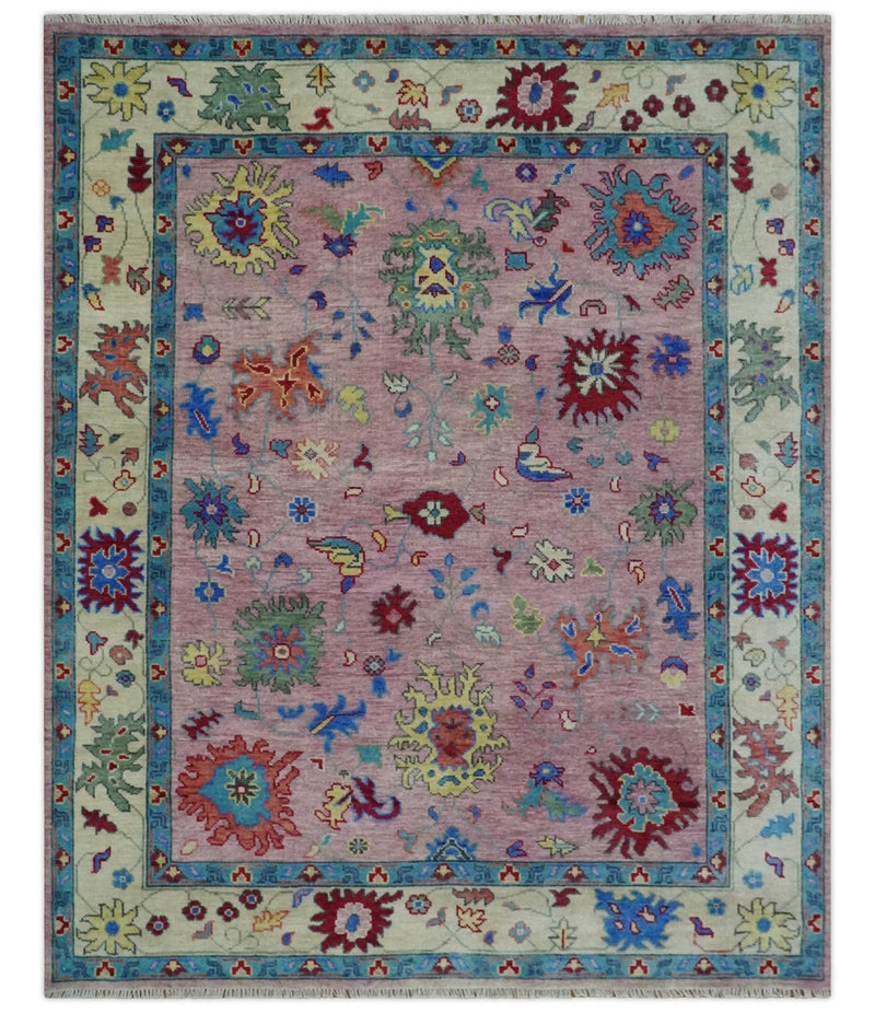 8x10 and 9x12 Wool Traditional Pink, Beige and Blue Vibrant Colorful Hand knotted Oushak Area Rug