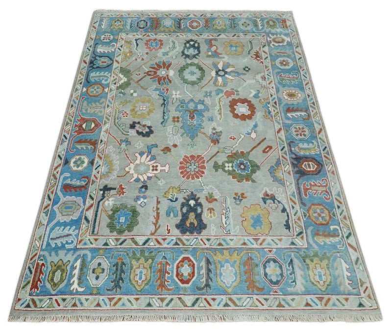 8x10 Antique Hand Knotted Gray and Blue Traditional Vintage Persian Oushak Wool Rug | TRDCP1002810