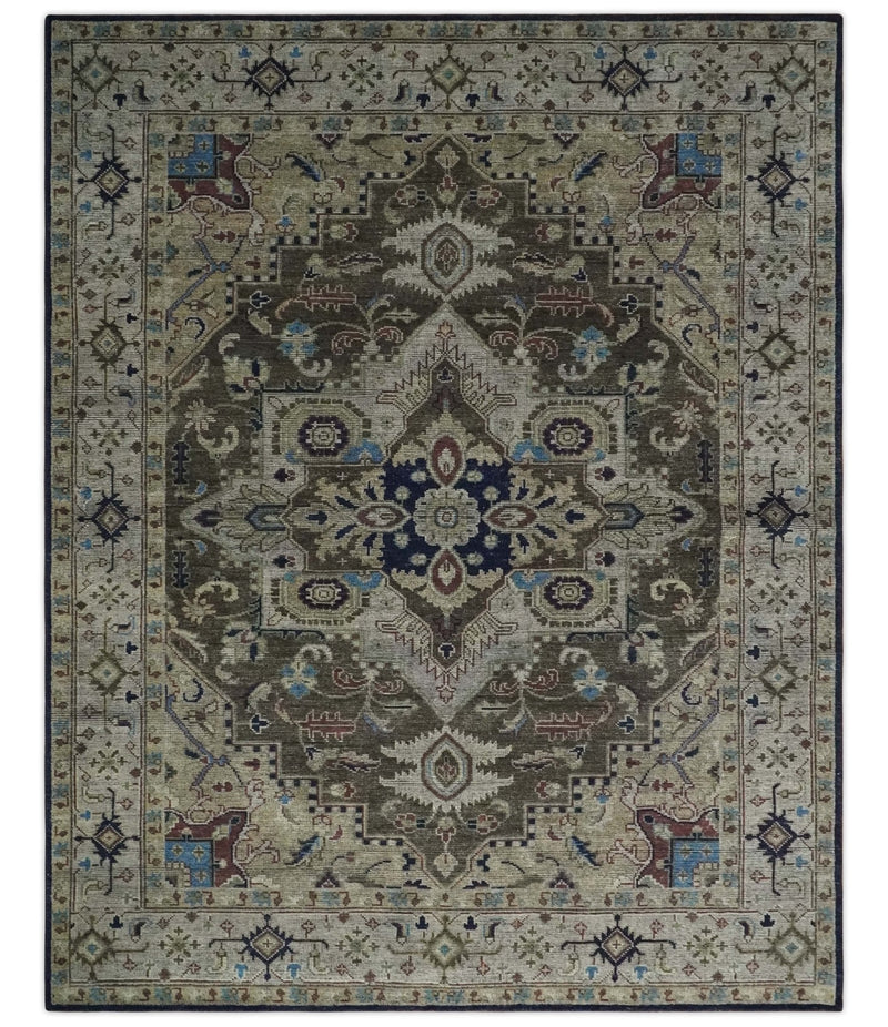 8x10 Antique look Brown, Beige and Blue Traditional Medallion wool Area Rug