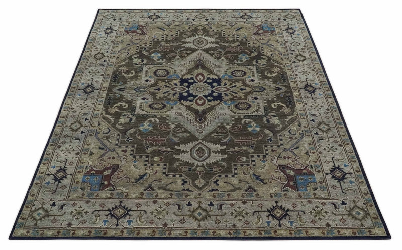8x10 Antique look Brown, Beige and Blue Traditional Medallion wool Area Rug