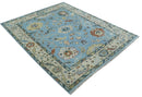 8x10 Aqua and Ivory Vibrant colorful Hand knotted Traditional oushak wool area rug