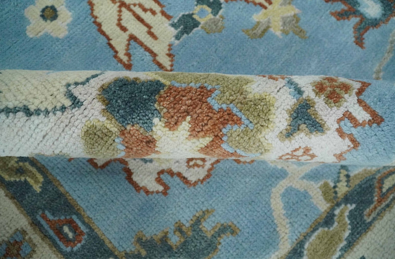 8x10 Aqua and Ivory Vibrant colorful Hand knotted Traditional oushak wool area rug
