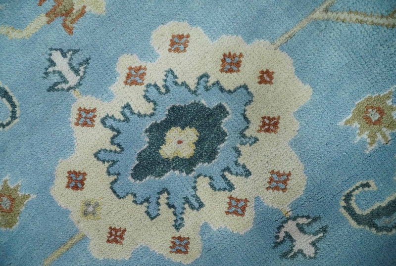 8x10 Aqua and Ivory Vibrant colorful Hand knotted Traditional oushak wool area rug