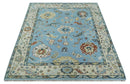 8x10 Aqua and Ivory Vibrant colorful Hand knotted Traditional oushak wool area rug