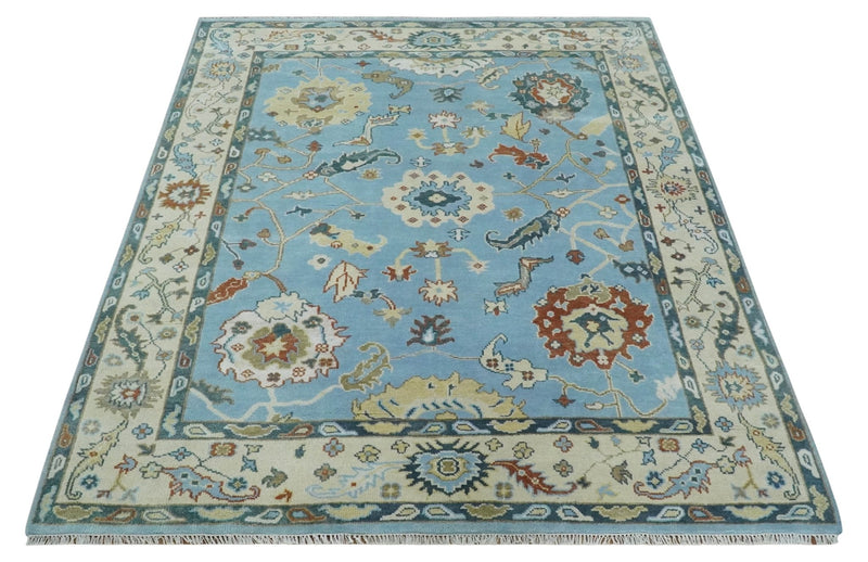 8x10 Aqua and Ivory Vibrant colorful Hand knotted Traditional oushak wool area rug