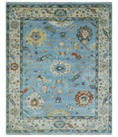 8x10 Aqua and Ivory Vibrant colorful Hand knotted Traditional oushak wool area rug