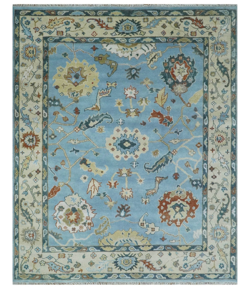 8x10 Aqua and Ivory Vibrant colorful Hand knotted Traditional oushak wool area rug