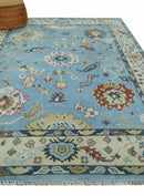 8x10 Aqua and Ivory Vibrant colorful Hand knotted Traditional oushak wool area rug