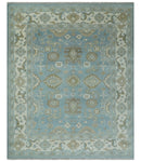 8x10 Aqua, Ivory and Olive Traditional Oushak Hand Knotted Wool Area Rug