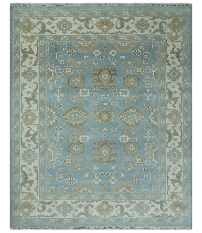 8x10 Aqua, Ivory and Olive Traditional Oushak Hand Knotted Wool Area Rug