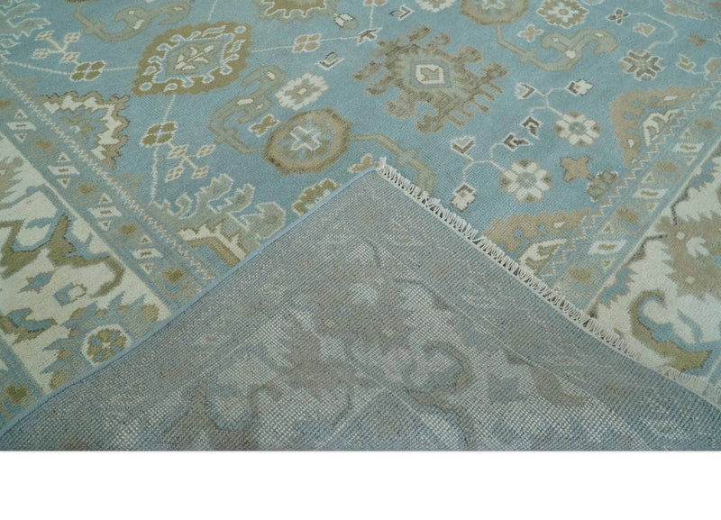 8x10 Aqua, Ivory and Olive Traditional Oushak Hand Knotted Wool Area Rug