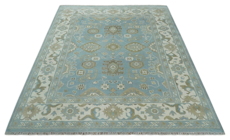 8x10 Aqua, Ivory and Olive Traditional Oushak Hand Knotted Wool Area Rug
