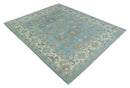 8x10 Aqua, Ivory and Olive Traditional Oushak Hand Knotted Wool Area Rug
