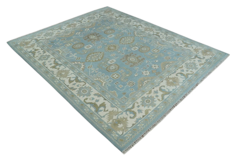 8x10 Aqua, Ivory and Olive Traditional Oushak Hand Knotted Wool Area Rug