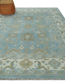 8x10 Aqua, Ivory and Olive Traditional Oushak Hand Knotted Wool Area Rug