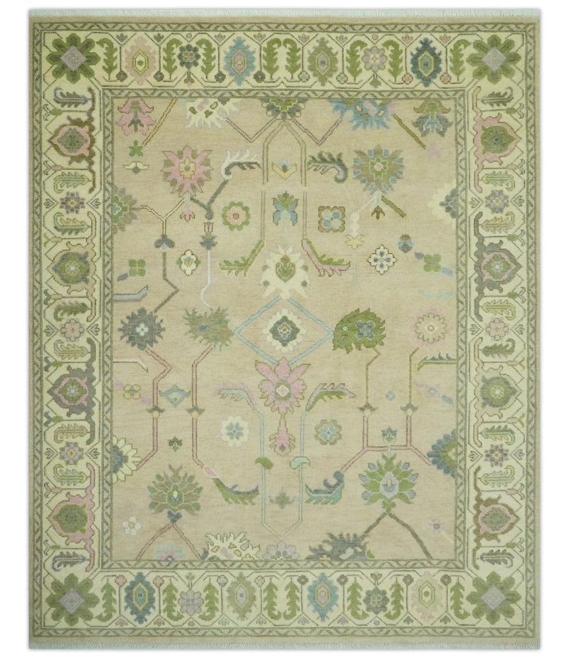 8x10 Beige and Green Hand Knotted Traditional Oriental Oushak wool area rug