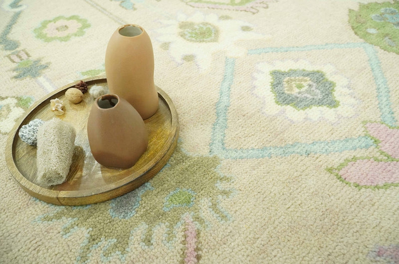 8x10 Beige and Green Hand Knotted Traditional Oriental Oushak wool area rug