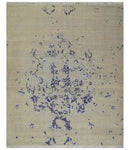 8x10 Beige, Blue and Silver Antique Style, Abstract Hand Knotted Low pile Wool Area Rug
