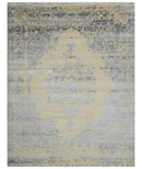 8x10 Beige, Charcoal and Silver Traditional Medallion Hand Knotted Wool and Bamboo Silk Area Rug