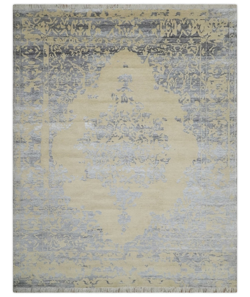 8x10 Beige, Charcoal and Silver Traditional Medallion Hand Knotted Wool and Bamboo Silk Area Rug