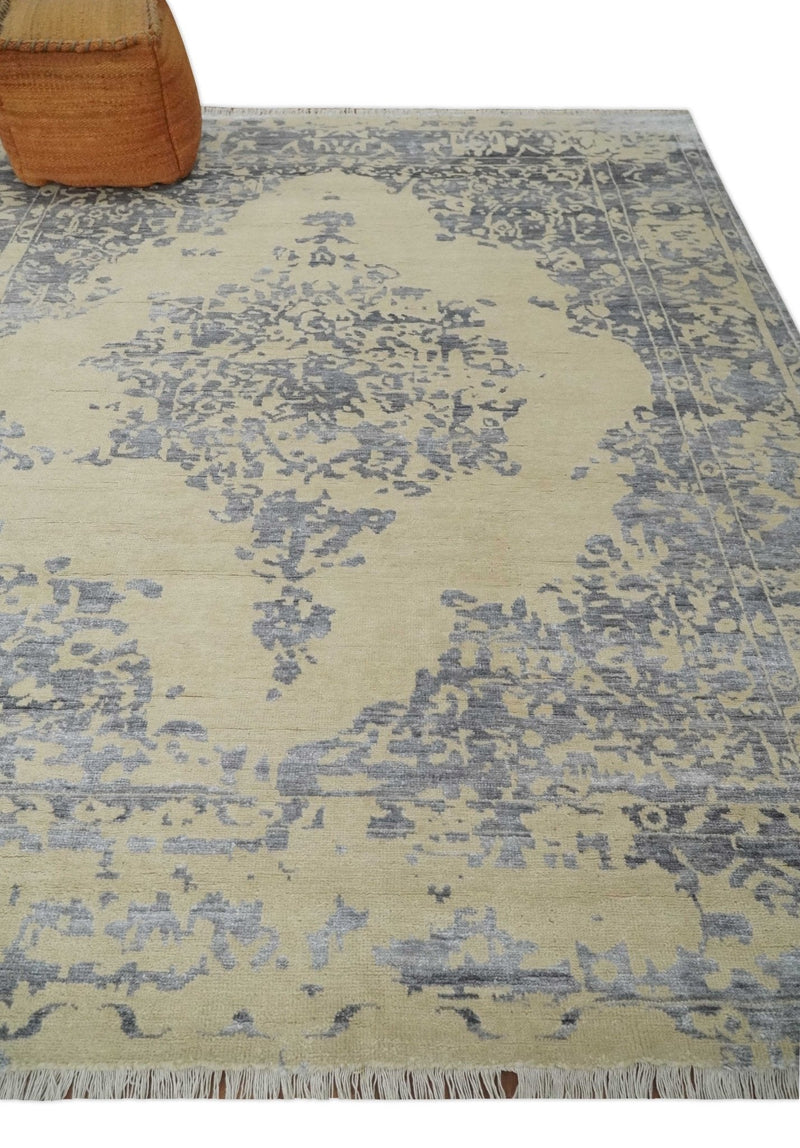 8x10 Beige, Charcoal and Silver Traditional Medallion Hand Knotted Wool and Bamboo Silk Area Rug