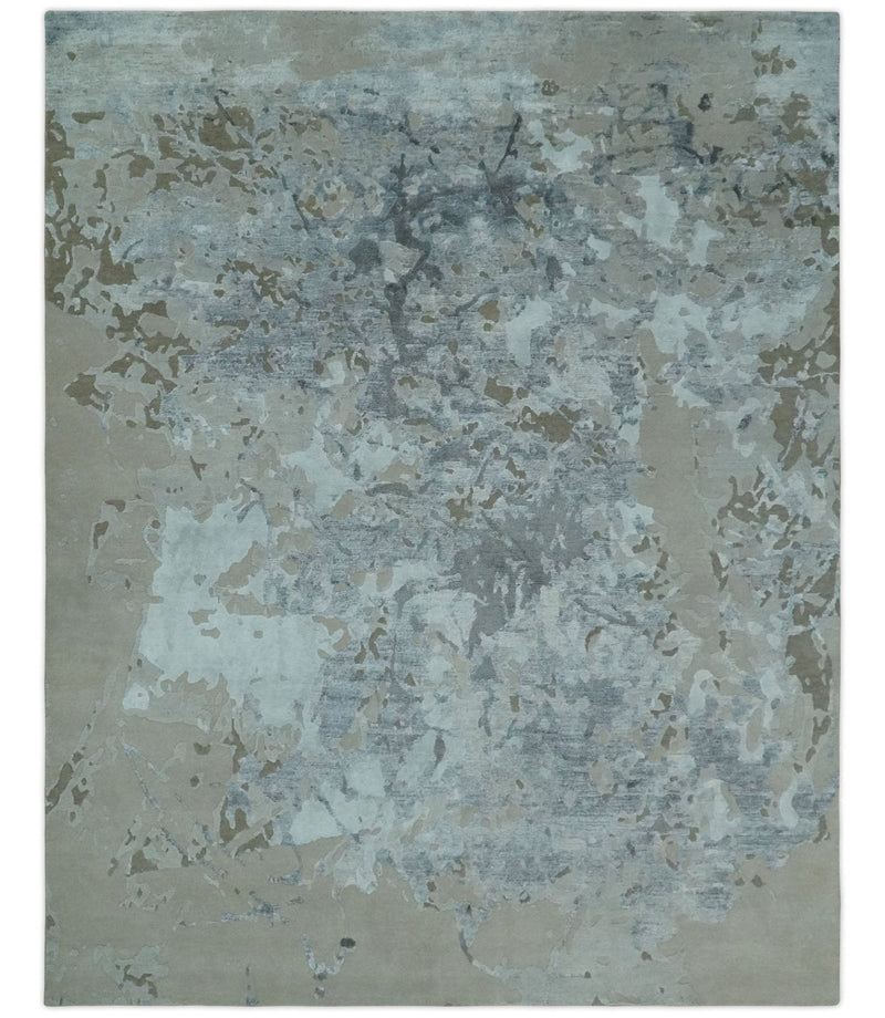 8x10 Beige, Ivory and Charcoal Modern Abstract Handmade Bamboo Silk Area Rug