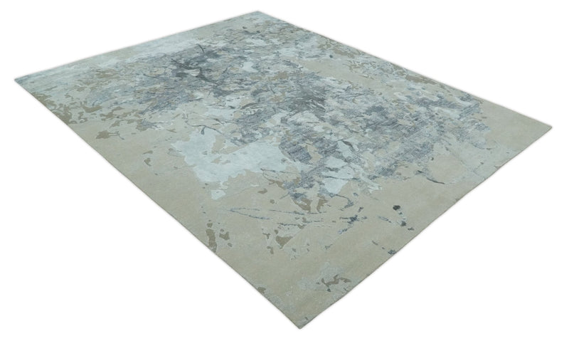 8x10 Beige, Ivory and Charcoal Modern Abstract Handmade Bamboo Silk Area Rug