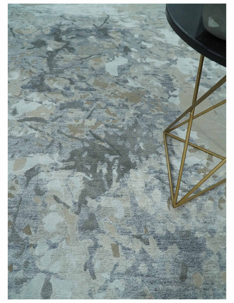 8x10 Beige, Ivory and Charcoal Modern Abstract Handmade Bamboo Silk Area Rug