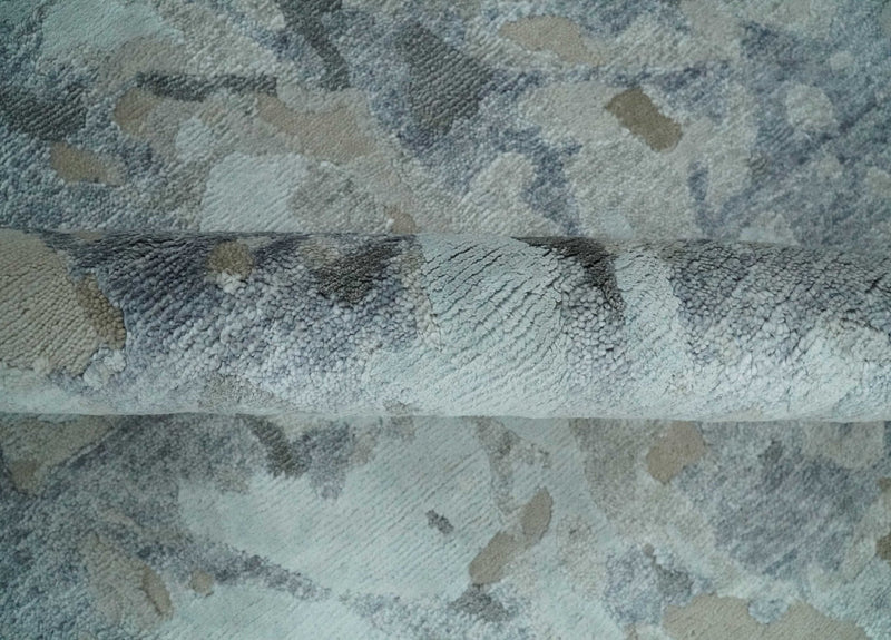 8x10 Beige, Ivory and Charcoal Modern Abstract Handmade Bamboo Silk Area Rug