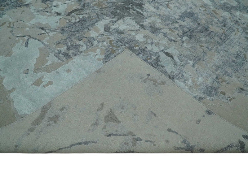 8x10 Beige, Ivory and Charcoal Modern Abstract Handmade Bamboo Silk Area Rug