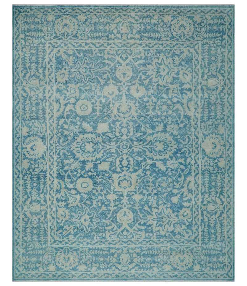 8x10 Blue and Camel Distressed Finish Low Pile Traditional Hand Knotted Wool Rug