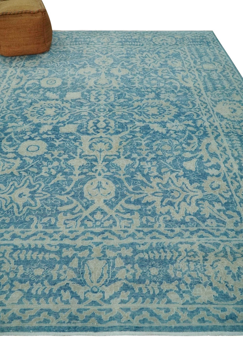 8x10 Blue and Camel Distressed Finish Low Pile Traditional Hand Knotted Wool Rug