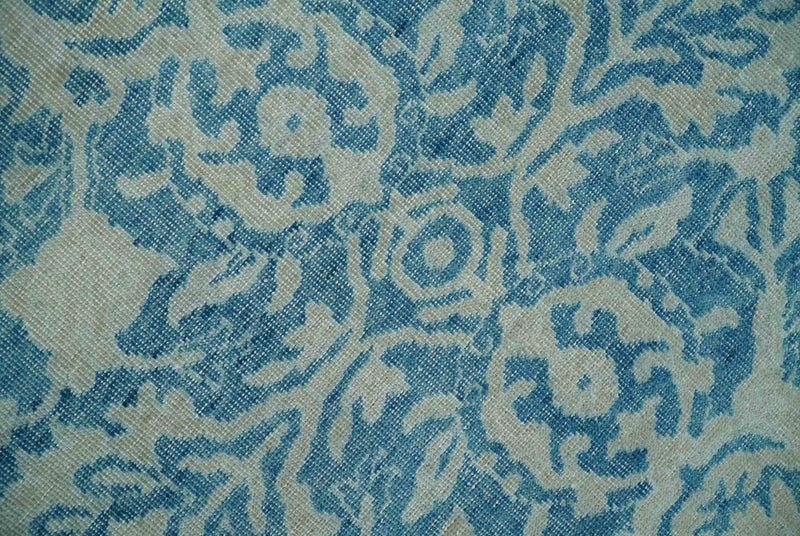 8x10 Blue and Camel Distressed Finish Low Pile Traditional Hand Knotted Wool Rug