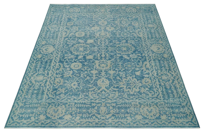 8x10 Blue and Camel Distressed Finish Low Pile Traditional Hand Knotted Wool Rug