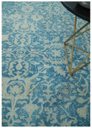 8x10 Blue and Camel Distressed Finish Low Pile Traditional Hand Knotted Wool Rug