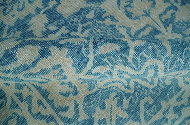 8x10 Blue and Camel Distressed Finish Low Pile Traditional Hand Knotted Wool Rug