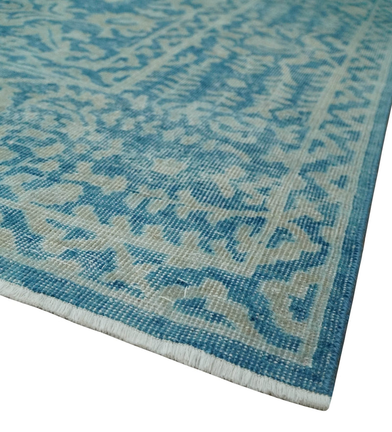 8x10 Blue and Camel Distressed Finish Low Pile Traditional Hand Knotted Wool Rug