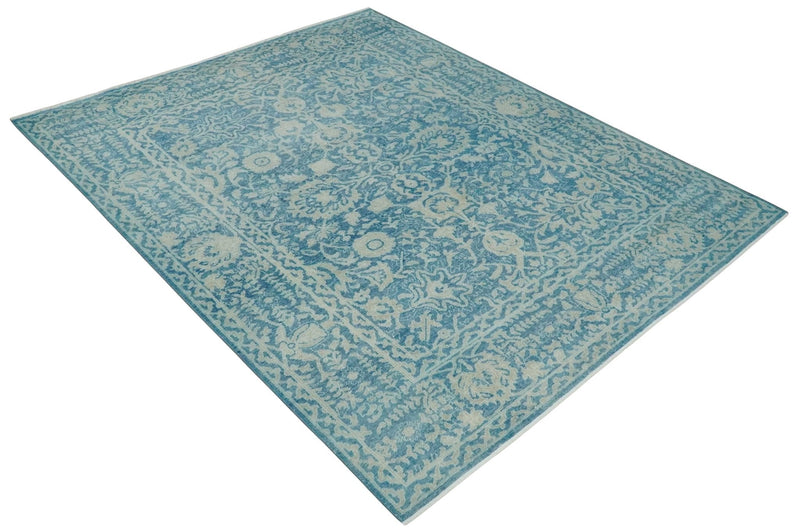8x10 Blue and Camel Distressed Finish Low Pile Traditional Hand Knotted Wool Rug