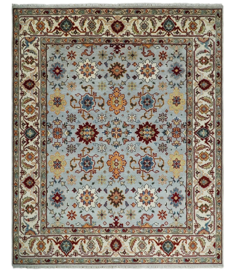 8x10 Blue and Ivory Hand Knotted Antique Turkish Oushak Large Wool Area Rug | TRDCP405810