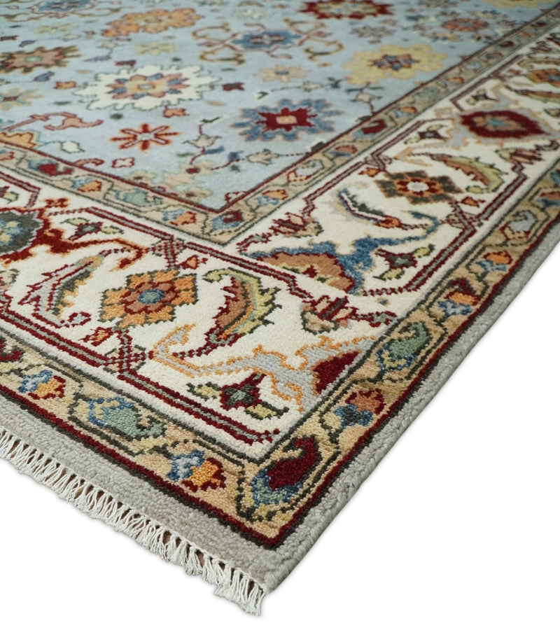 8x10 Blue and Ivory Hand Knotted Antique Turkish Oushak Large Wool Area Rug | TRDCP405810