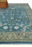 8x10 Blue and Olive Traditional Oushak Wool Rug, Large Patterns