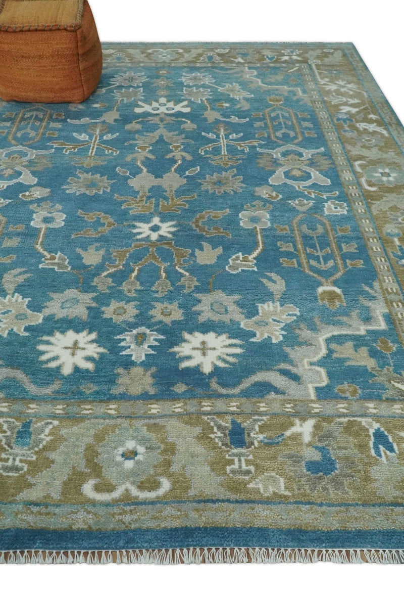 8x10 Blue and Olive Traditional Oushak Wool Rug, Large Patterns